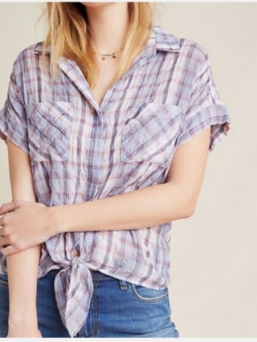 Anthropologie Cloth & Stone Liya Tie Front Plaid Top. Size small.